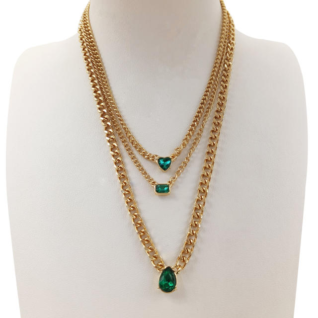 Vintage emerald statement three layer chain necklace