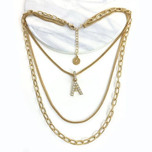3 layer initial A letter chain necklace