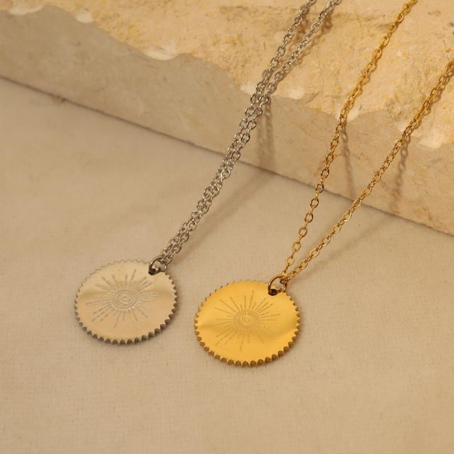 Concise evil eye symbol round piece pendant stainless steel necklace