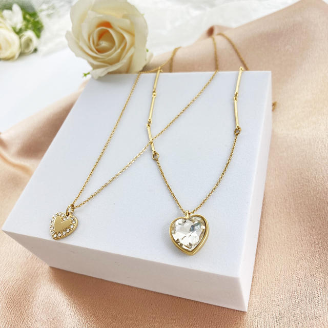 Concise clear glass heart two layer dainty necklace