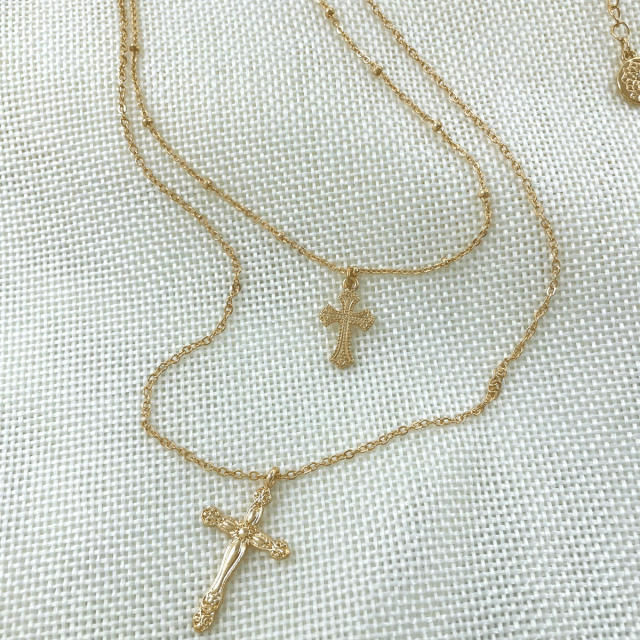 Vintage cross pendant two layer dainty necklace