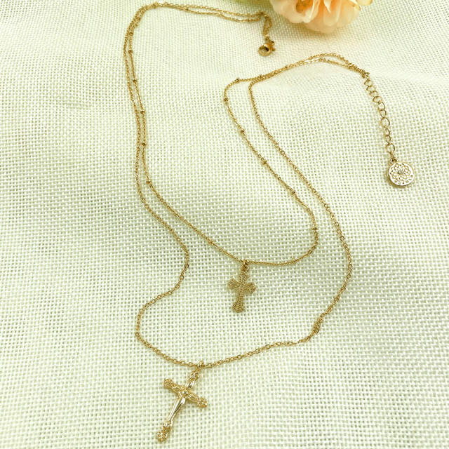 Vintage cross pendant two layer dainty necklace