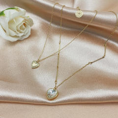 Concise clear glass heart two layer dainty necklace