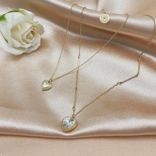 Concise clear glass heart two layer dainty necklace
