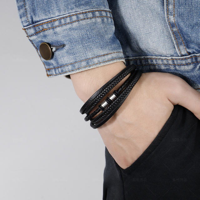 Occident fashion pu leather stainless steel bangle for men