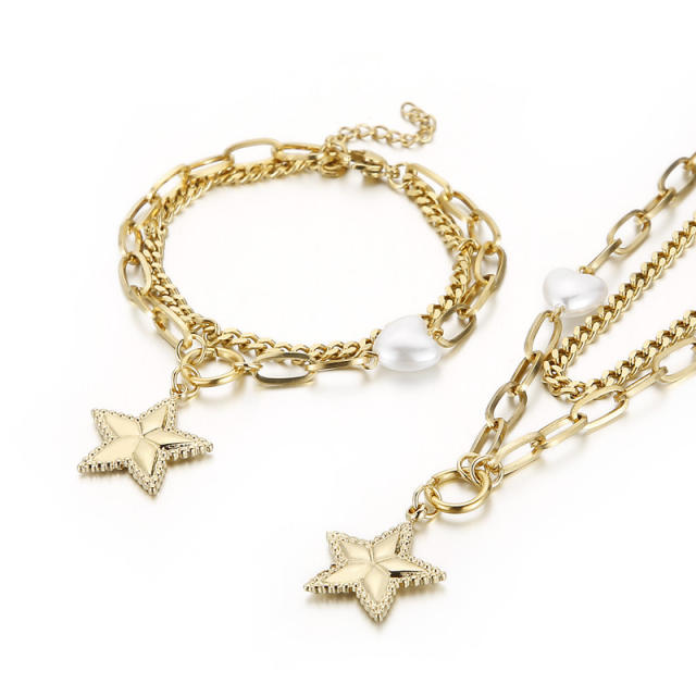 Personality star charm pearl stainless steel necklace bracelet