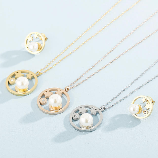 Elegant hollow star pearl setting stainless steel necklace set