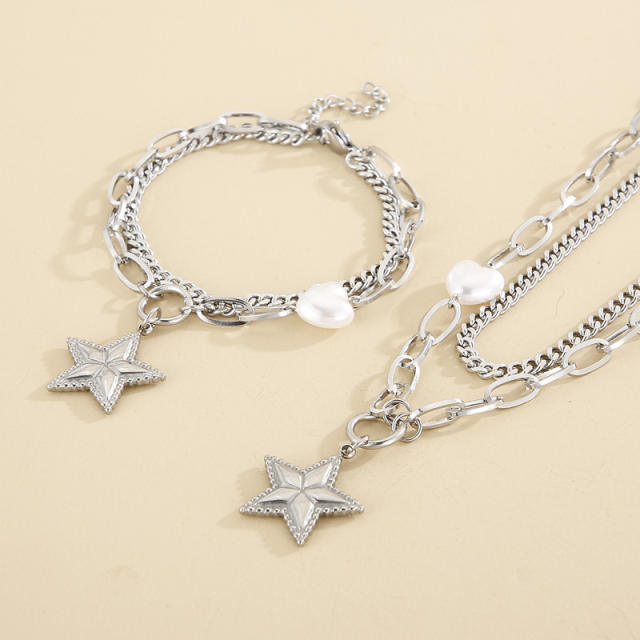 Personality star charm pearl stainless steel necklace bracelet
