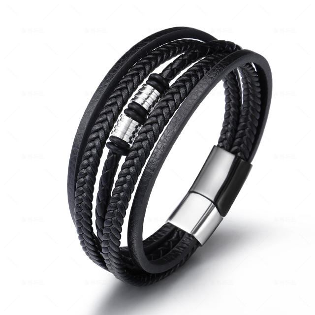 Occident fashion pu leather stainless steel bangle for men