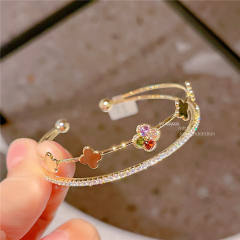 Classic color cubic zircon clover real gold plated copper bangle