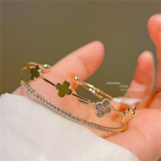 Korean fashion real gold plated clover diamond bangle