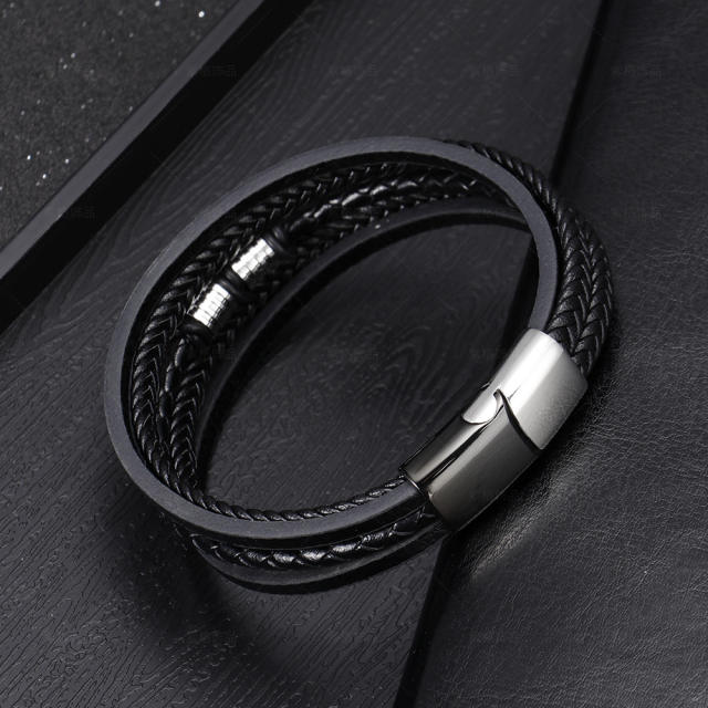 Occident fashion pu leather stainless steel bangle for men