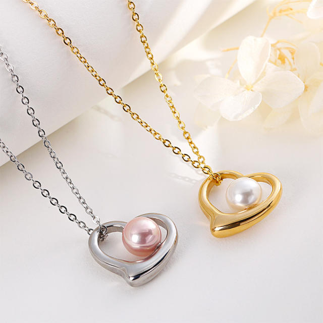 INS color pearl hollow heart stainless steel necklace set
