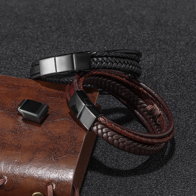 Occident fashion stainless steel buckle pu leather bracelet for men