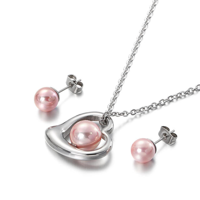 INS color pearl hollow heart stainless steel necklace set