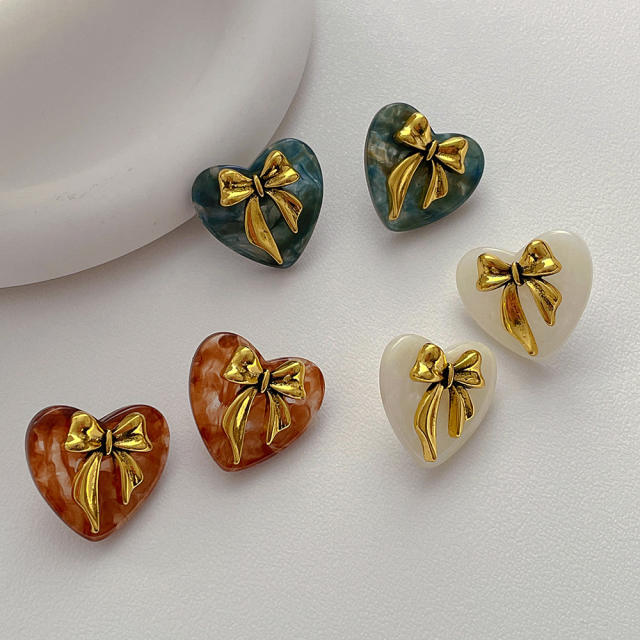 Concise gold color bow acrylic heart studs earrings