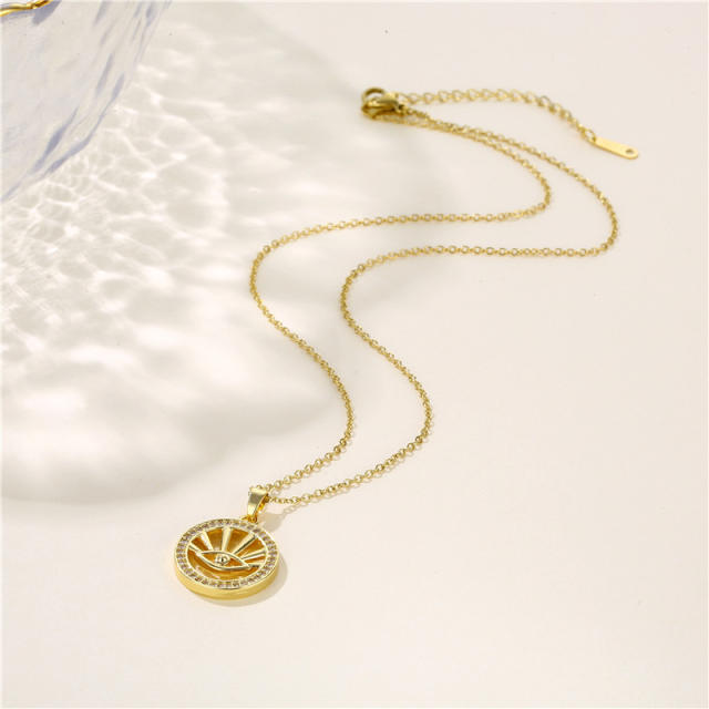 INS elegant hollow evil eye round piece copper pendant stainless steel chain necklace