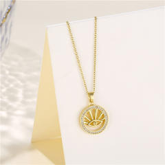 INS elegant hollow evil eye round piece copper pendant stainless steel chain necklace