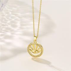 INS elegant hollow evil eye round piece copper pendant stainless steel chain necklace