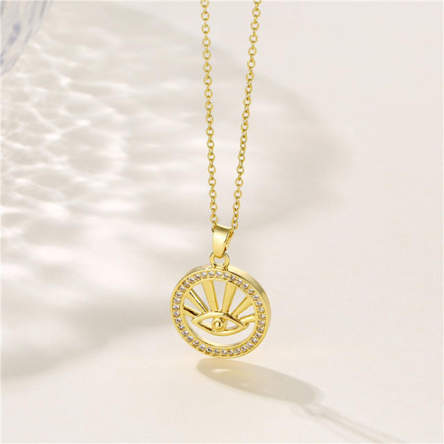 INS elegant hollow evil eye round piece copper pendant stainless steel chain necklace