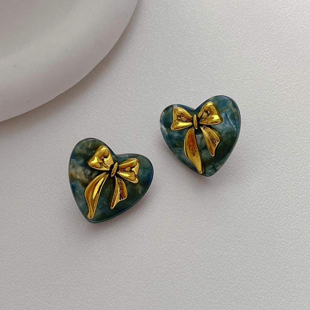 Concise gold color bow acrylic heart studs earrings