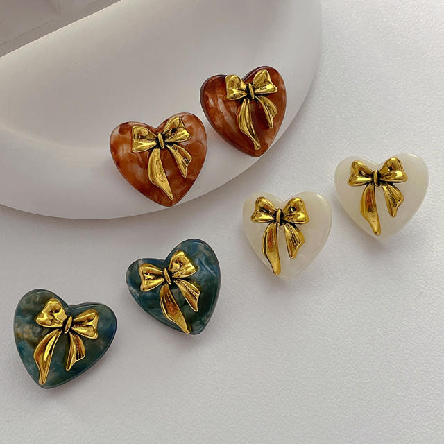 Concise gold color bow acrylic heart studs earrings