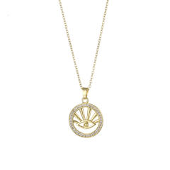 INS elegant hollow evil eye round piece copper pendant stainless steel chain necklace