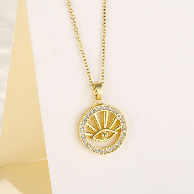 INS elegant hollow evil eye round piece copper pendant stainless steel chain necklace