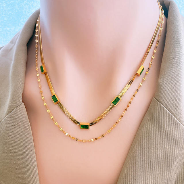 Korean fashion two layer emerald statement stainless steel necklace