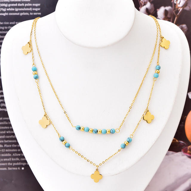 National Turquoise bead two layer stainless steel necklace