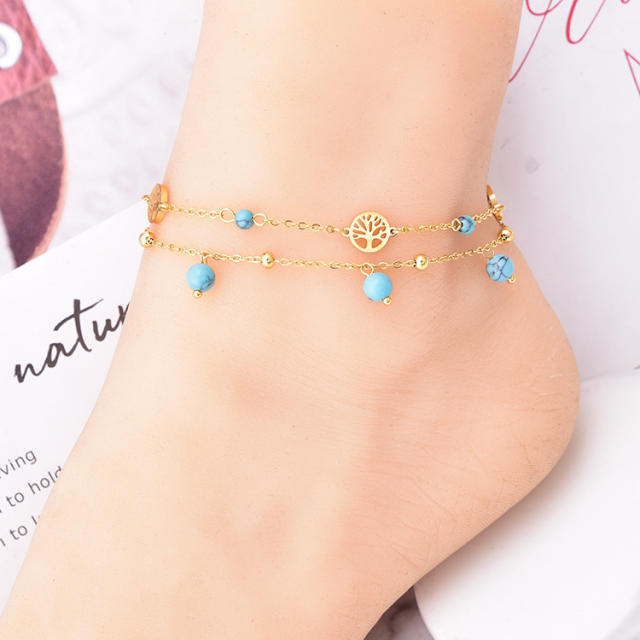 Life tree star clover stainless steel anklet