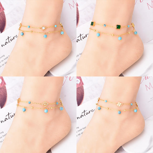 Life tree star clover stainless steel anklet