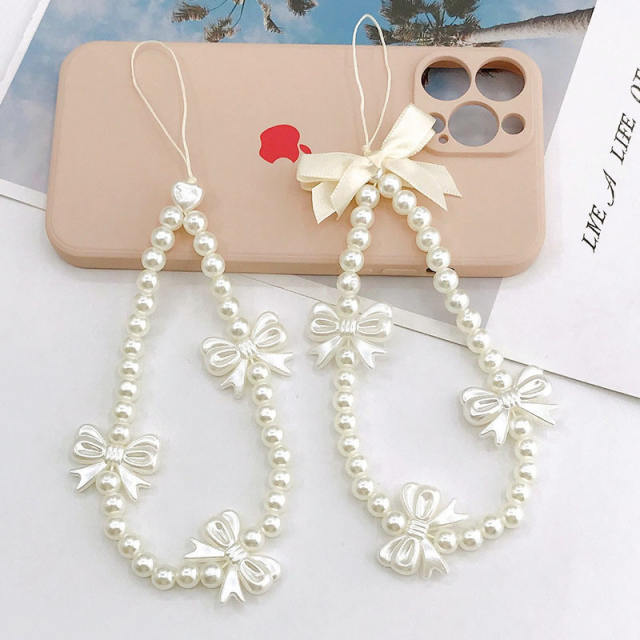 Faux pearl beads bow short phone chain