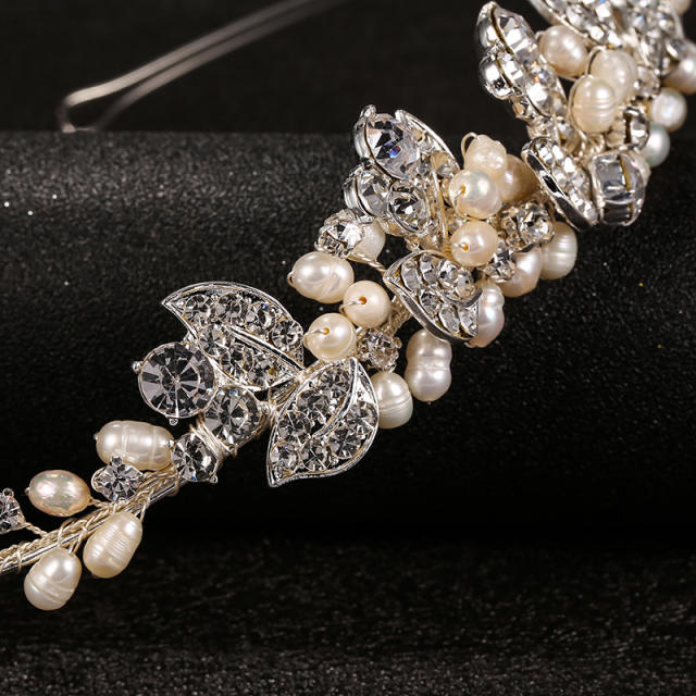 Delicate pearl beads rhinestone flower wedding headband