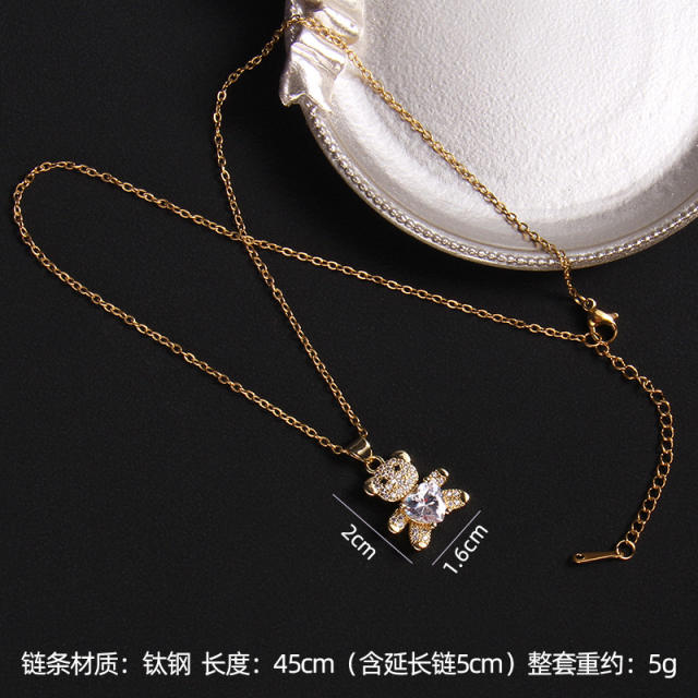 Ins trend cubic zircon heart diamond bear copper pendant necklace