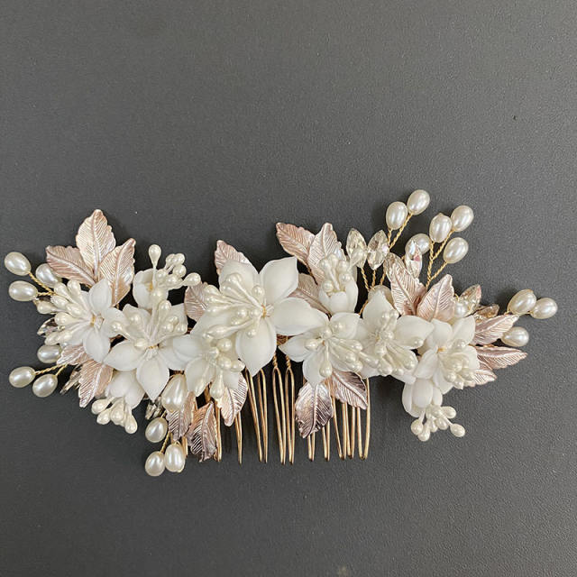 Hot sale metal leaf ceramics flower wedding hair combs