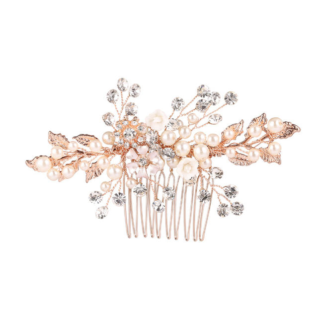 Handmade gold leaf pearl flower wedding hair combs