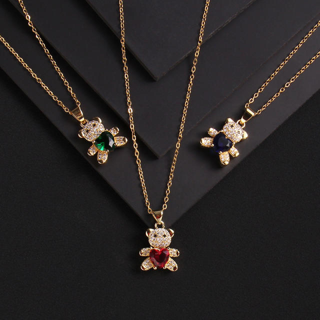 Ins trend cubic zircon heart diamond bear copper pendant necklace