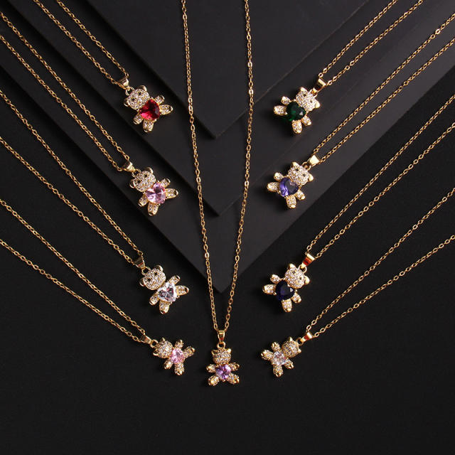 Ins trend cubic zircon heart diamond bear copper pendant necklace