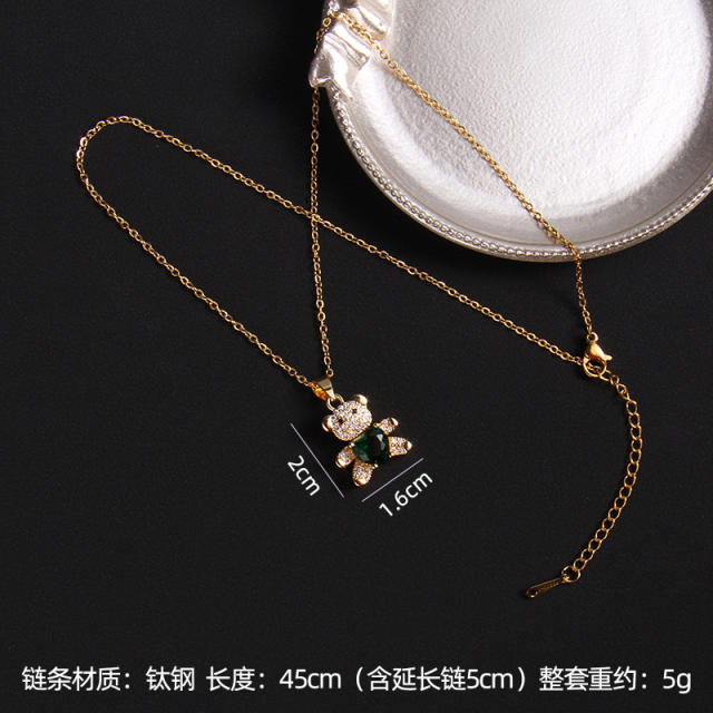 Ins trend cubic zircon heart diamond bear copper pendant necklace