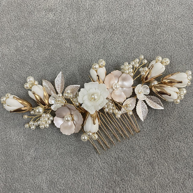 Handmade faux pearl ceramics flower hair combs
