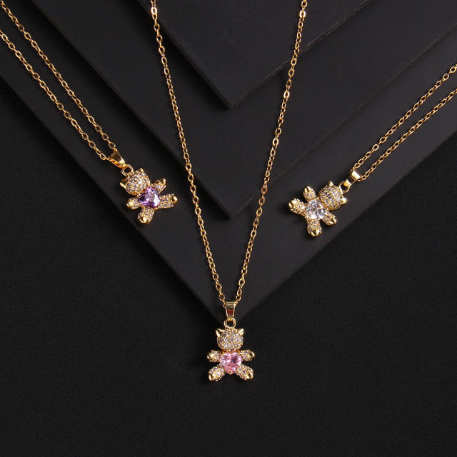 Ins trend cubic zircon heart diamond bear copper pendant necklace