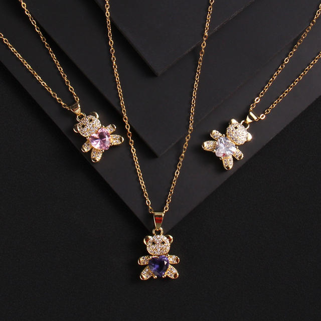 Ins trend cubic zircon heart diamond bear copper pendant necklace