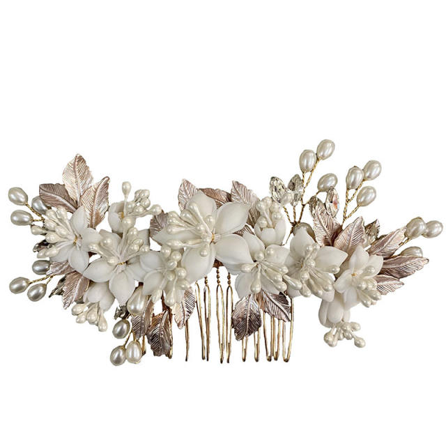 Hot sale metal leaf ceramics flower wedding hair combs