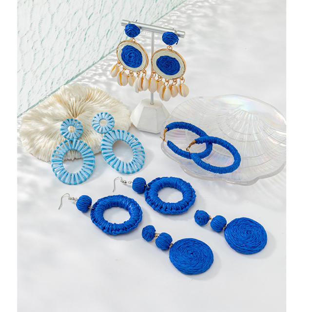 Holiday tredn blue color straw earrings