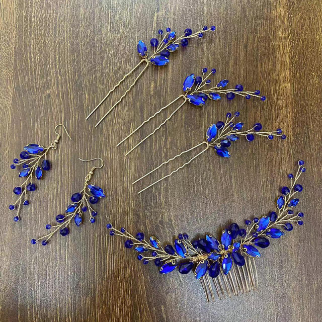 Blue color crystal beads wedding hair combs set