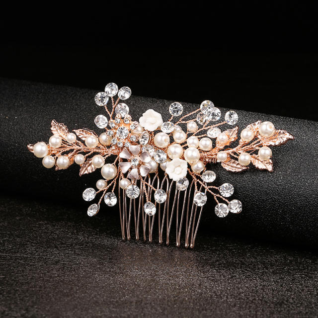 Handmade gold leaf pearl flower wedding hair combs