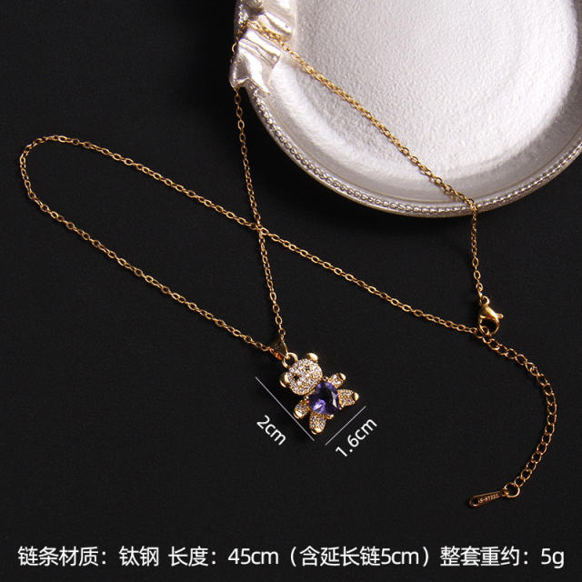 Ins trend cubic zircon heart diamond bear copper pendant necklace