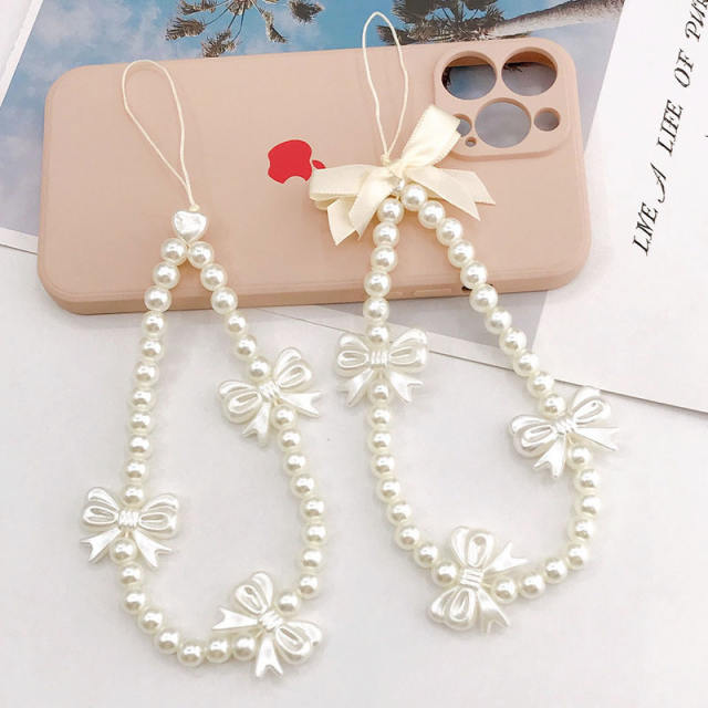 Faux pearl beads bow short phone chain