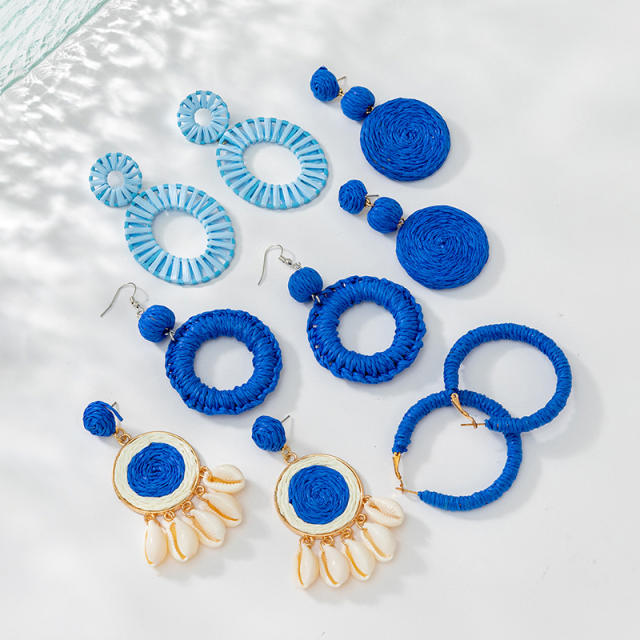 Holiday tredn blue color straw earrings